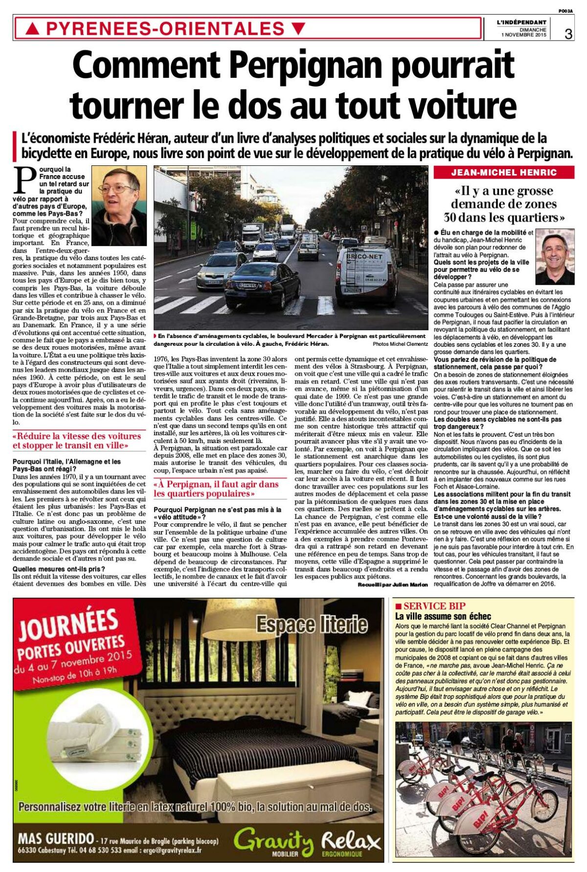 Page « Spécial Vélo » dans l’Indépendant du 01/11/2015