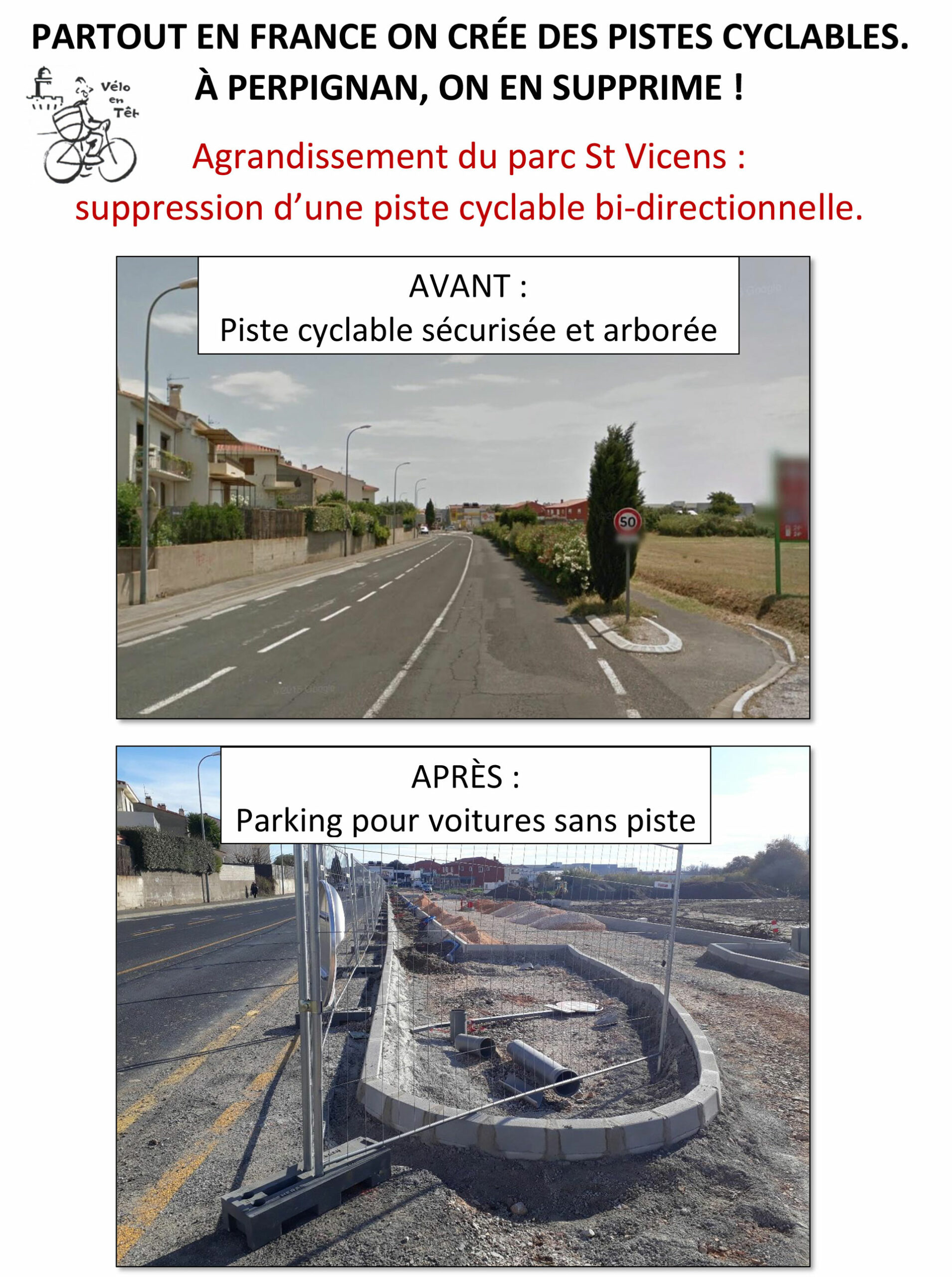 Agrandissement du parc St Vicens : suppression d’une piste cyclable bi-directionnelle.